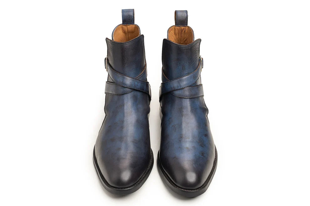 Handmade Men's Blue Leather Ankle High Jodhpur Boots