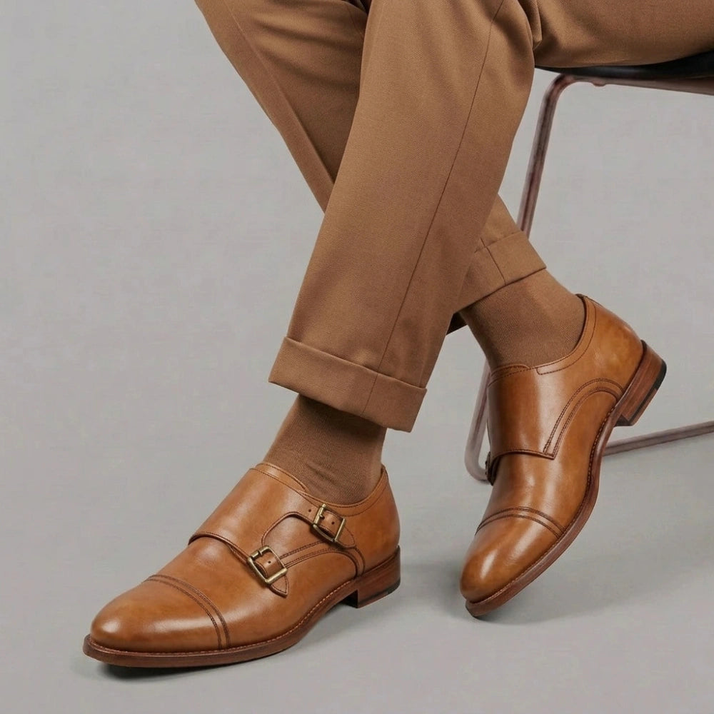 Men's elegant vintage beige double buckle shoe in leather