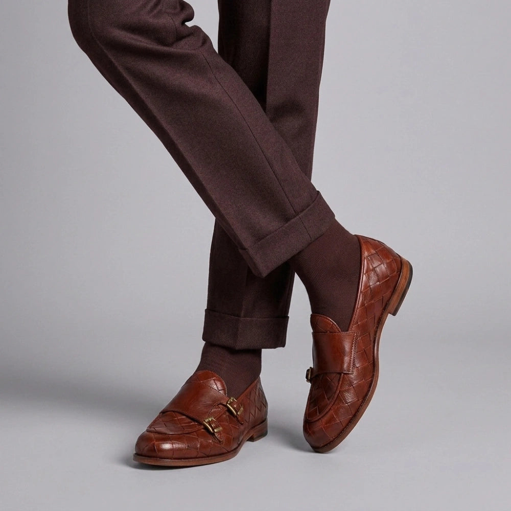 Mocassin homme en cuir tressé avec double boucle en rouge