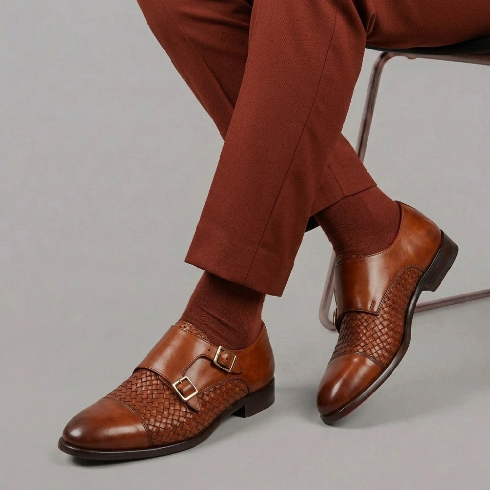 Men's double buckle shoe in sienna brown woven leather