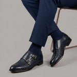 Chaussure homme à double boucle en cuir tressé bleu