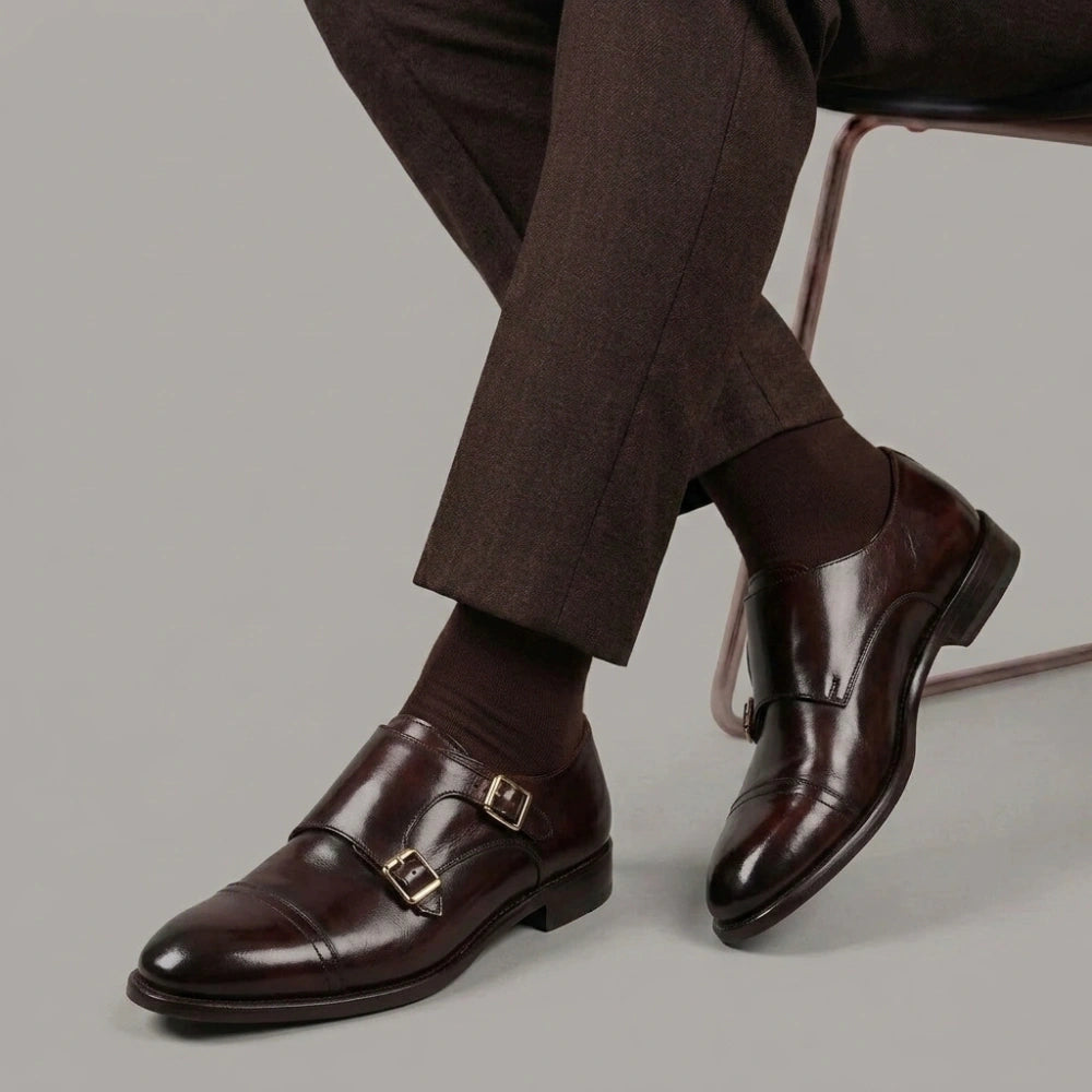 Men's elegant vintage bronze double buckle shoe in leather