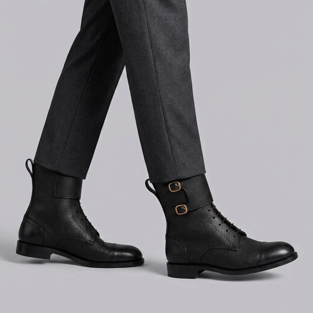 Atlas Black Leather Buckle Lace-Up Boots