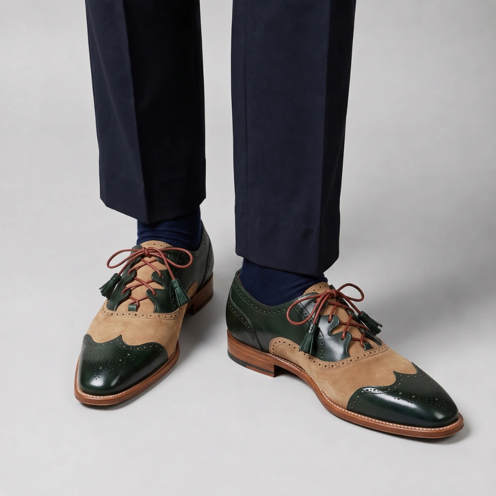 Men's Green & Beige Suede Leather Wingtip Oxford Shoes