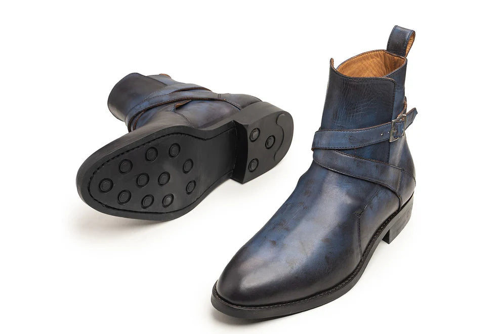 Handmade Men's Blue Leather Ankle High Jodhpur Boots