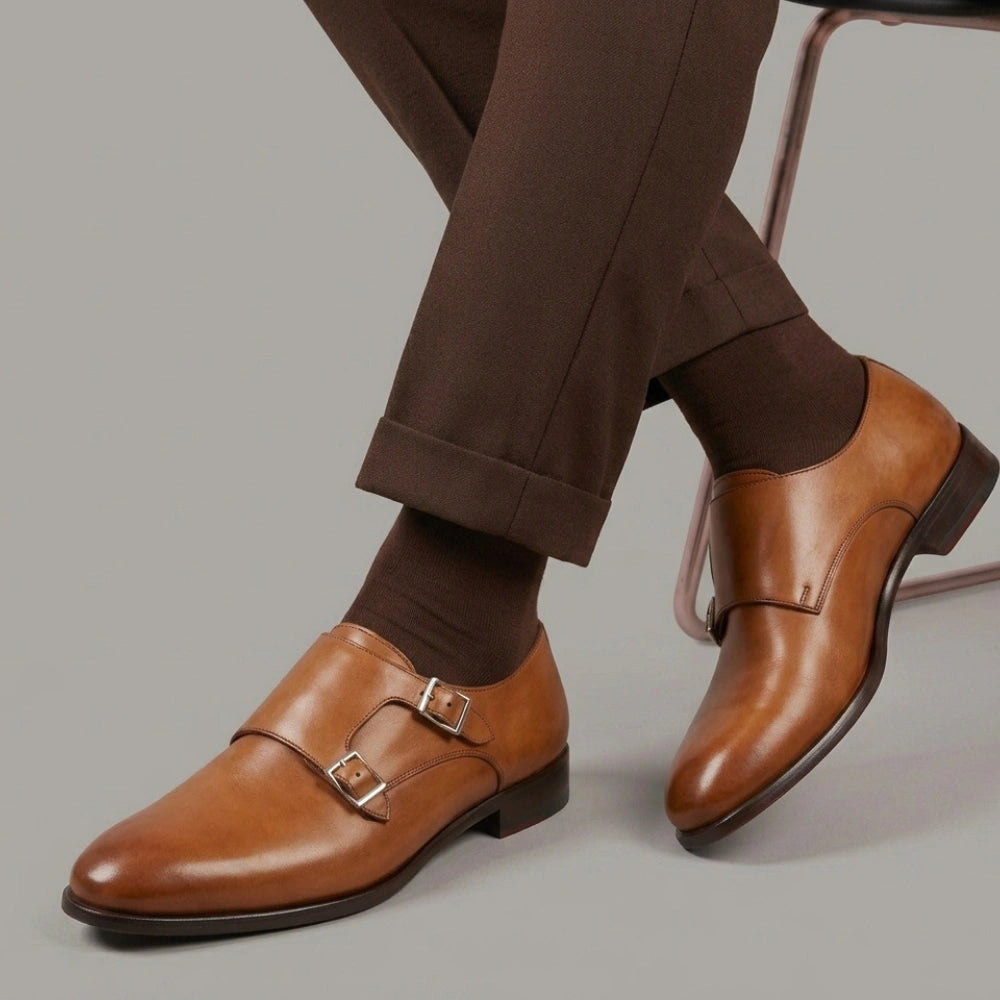Men's double buckle shoe in sienna brown leather