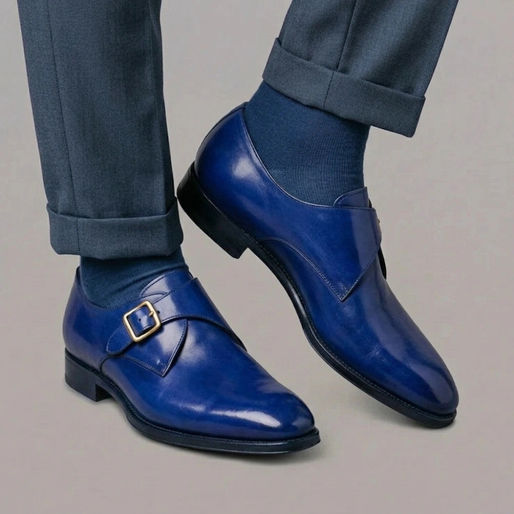 Men's Blue Leather Monk Buckle Shoes