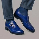Men's Blue Leather Monk Buckle Shoes
