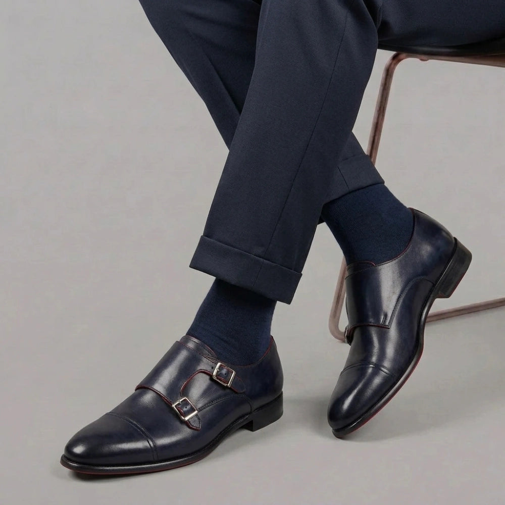 Men's double buckle shoe in dark blue smooth leather