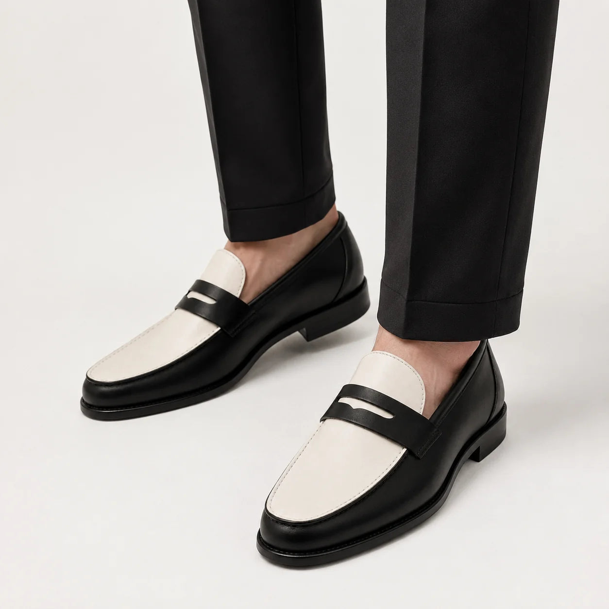 Handmade Men's Black & White Leather Loafers