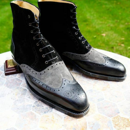 Men's Grey & Black Suede Leather Wingtip Boots