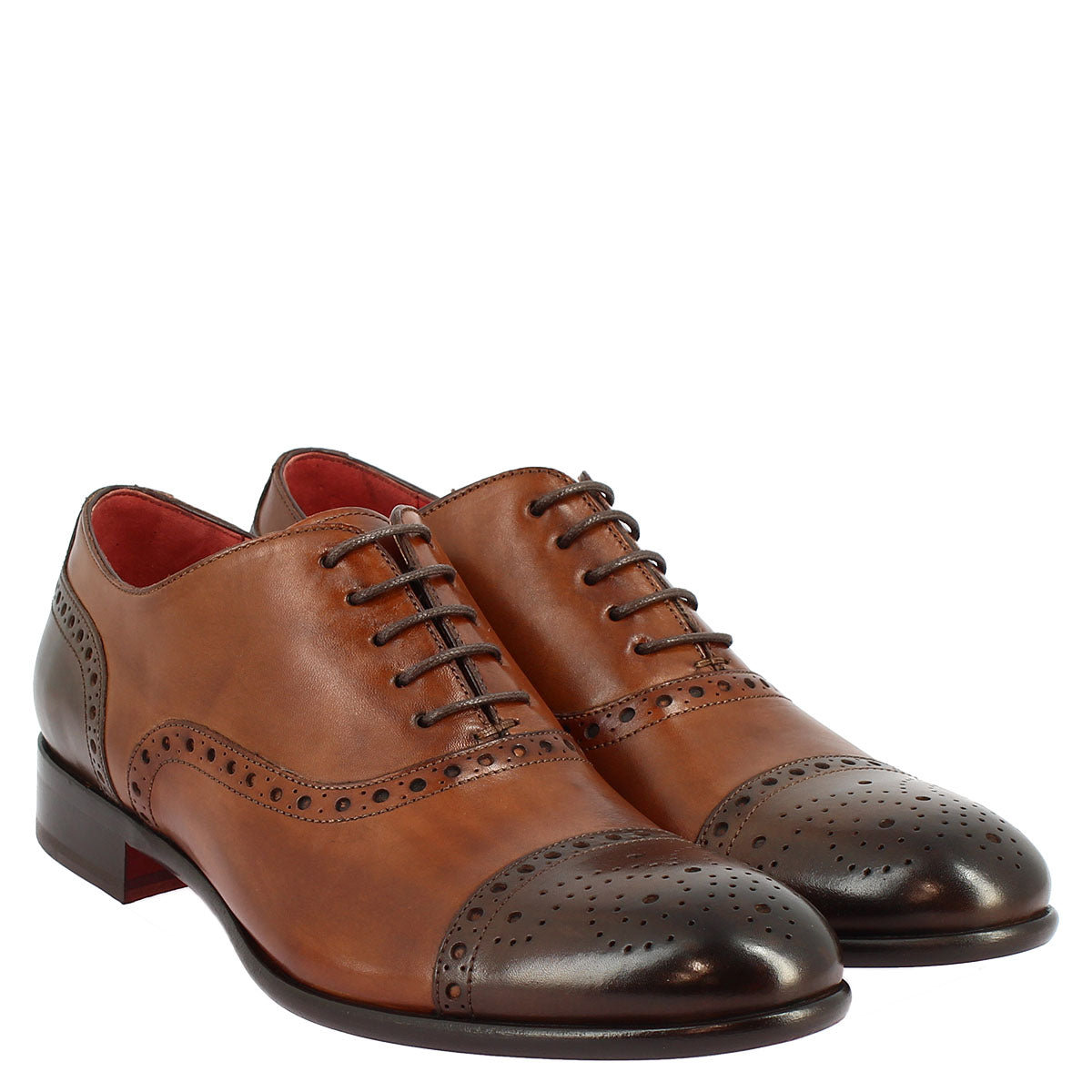 Men's lace-up brogues shoes handmade in brandy and dark brown montecarlo leather