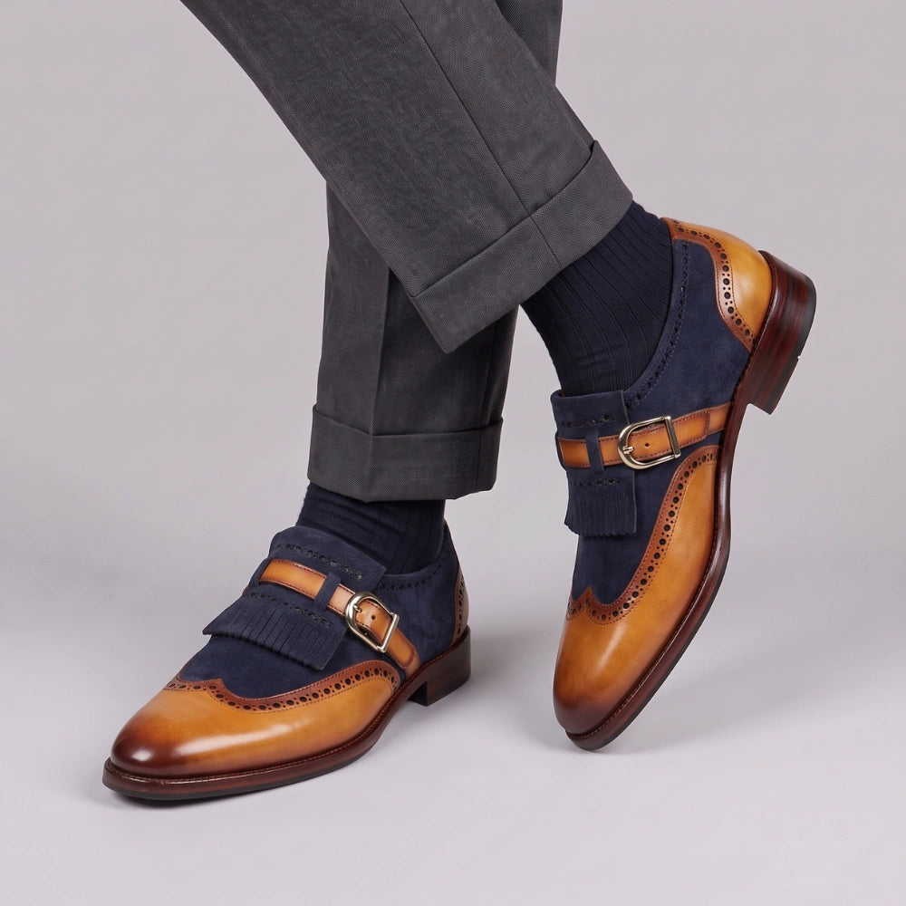 Wingtip Brogue Kiltie Monk Strap - Navy Suede