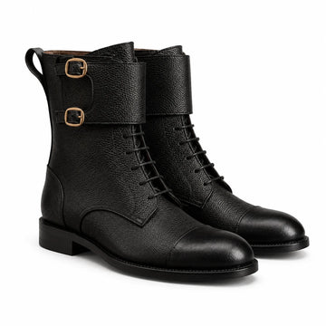 Atlas Black Leather Buckle Lace-Up Boots