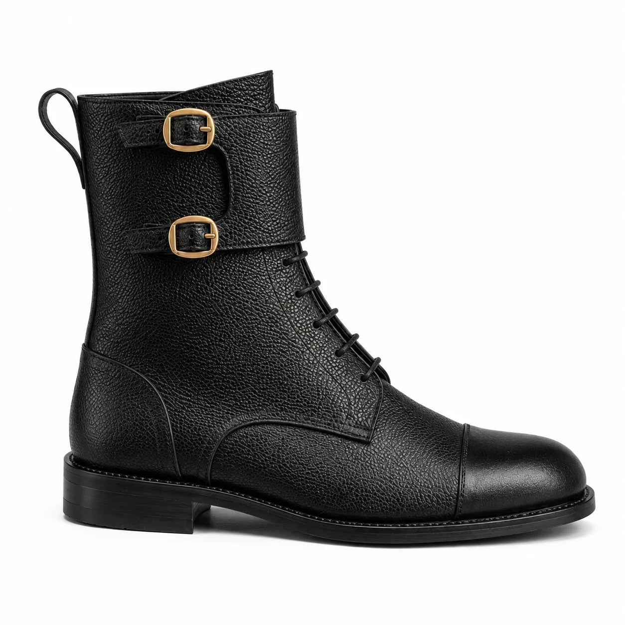 Atlas Black Leather Buckle Lace-Up Boots