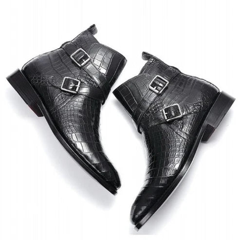 Bottines Jodhpur montantes en cuir d'alligator noir pour hommes