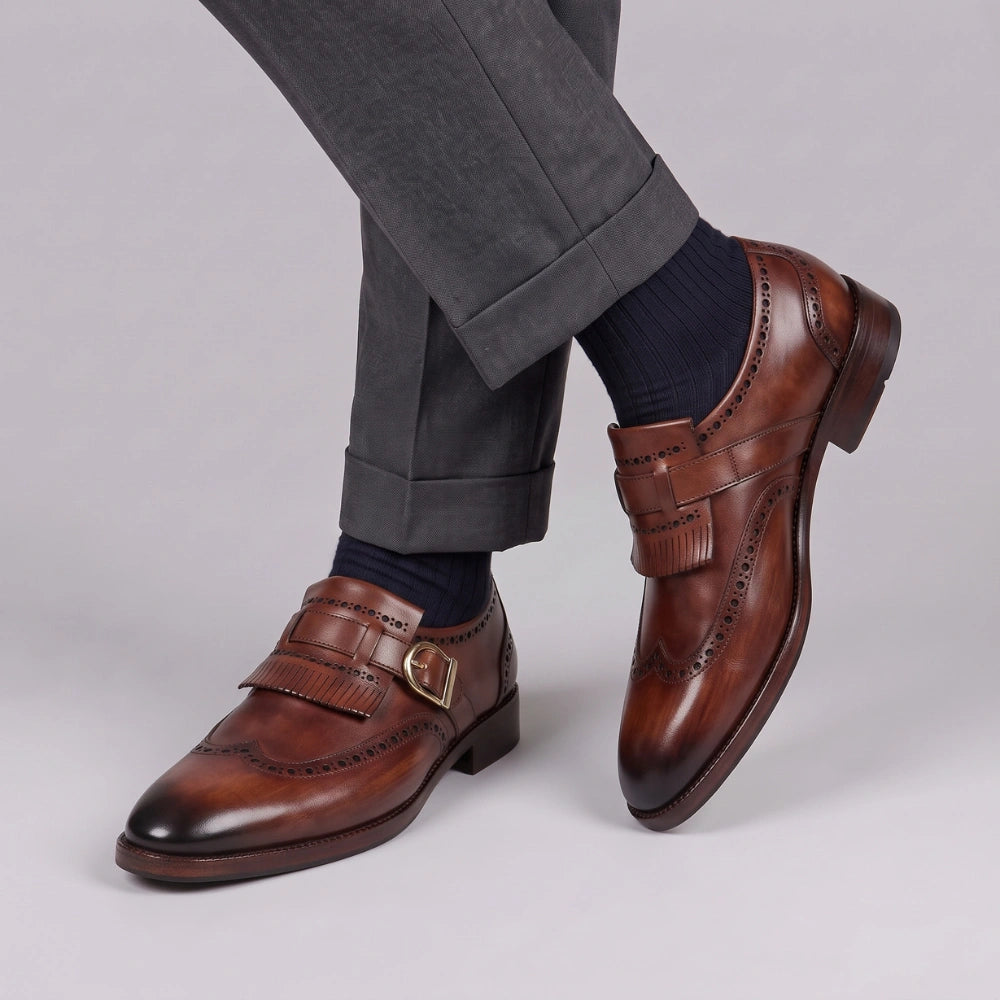 Wingtip Brogue Kiltie Monk Strap- Brown