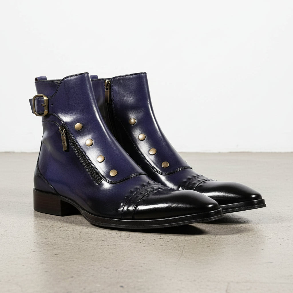 Men's Blue Patina Leather Ankle High Military Boots
