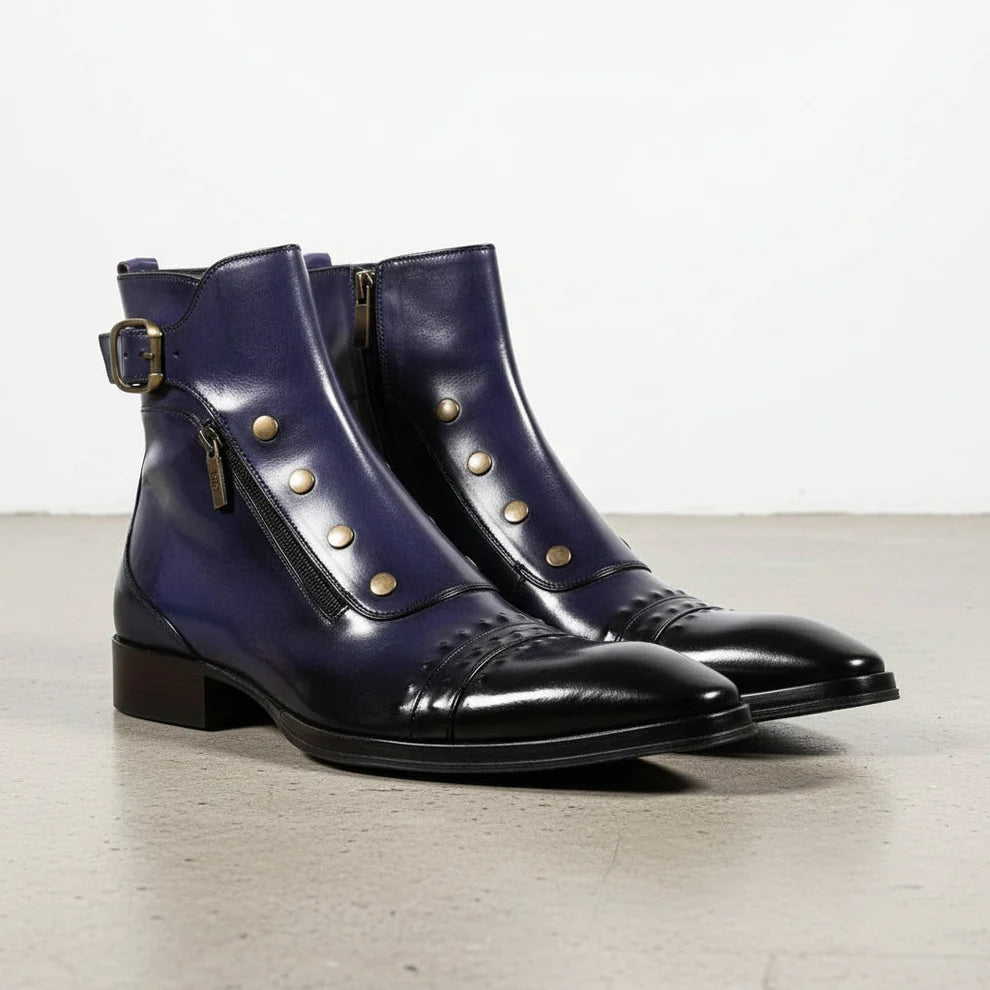 Men's Blue Patina Leather Ankle High Military Boots