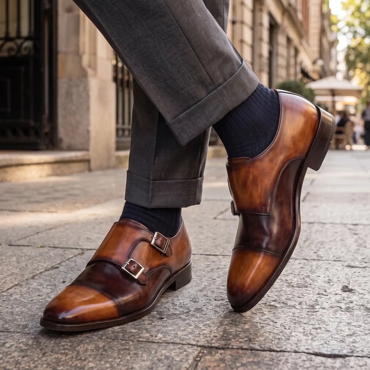 Captoe Double Monk Leather Strap - Tan & Brown in just £190.99