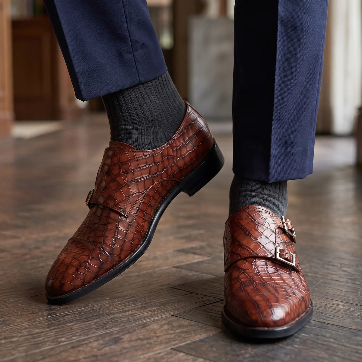 Captoe Double Monk Strap Croc Brown Shoes in just £190.99