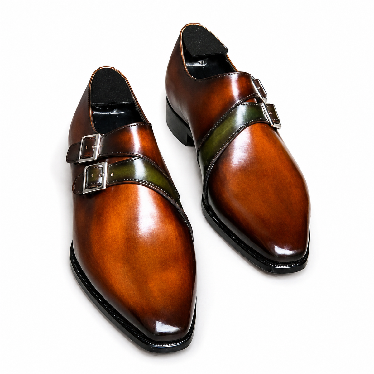 Handgemachte Doppel-Monkschuhe aus braunem Patina-Leder für Herren