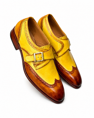 Handmade Men's Brown & Yellow Leather Monk Buckle Shoes