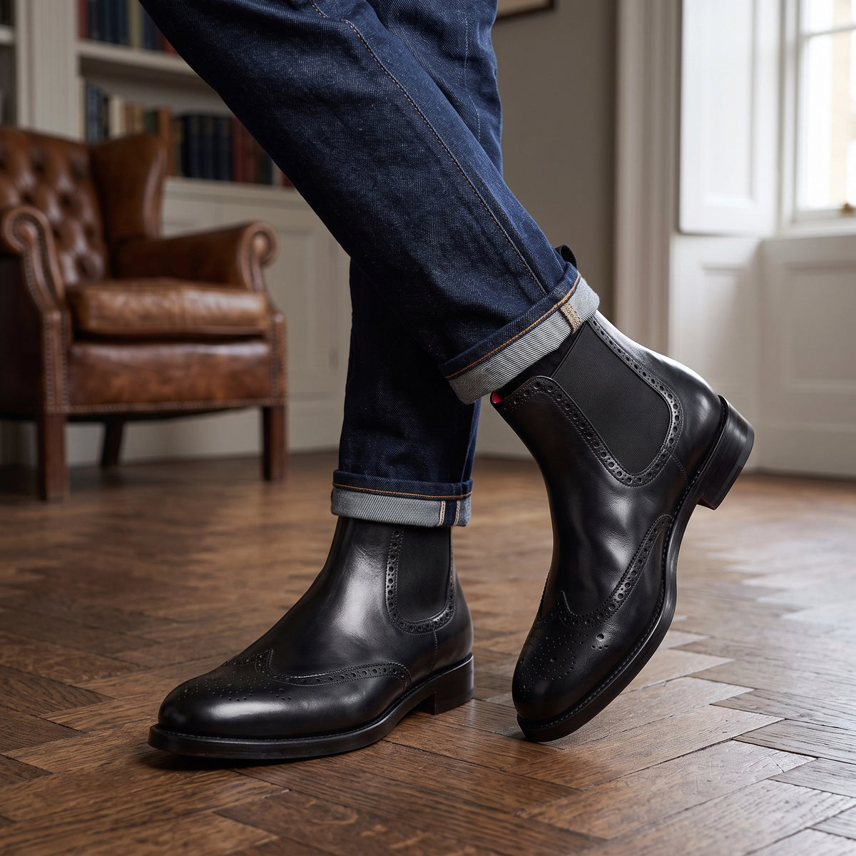 Chelsea boot with brogue details for men in black leather with elastic in just €205.00