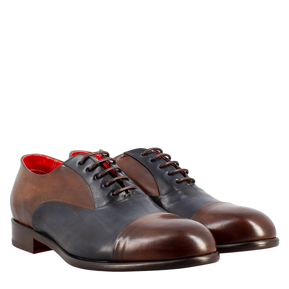 Dark brown and blue elegant men's oxford in leather and red lining in just €189.99