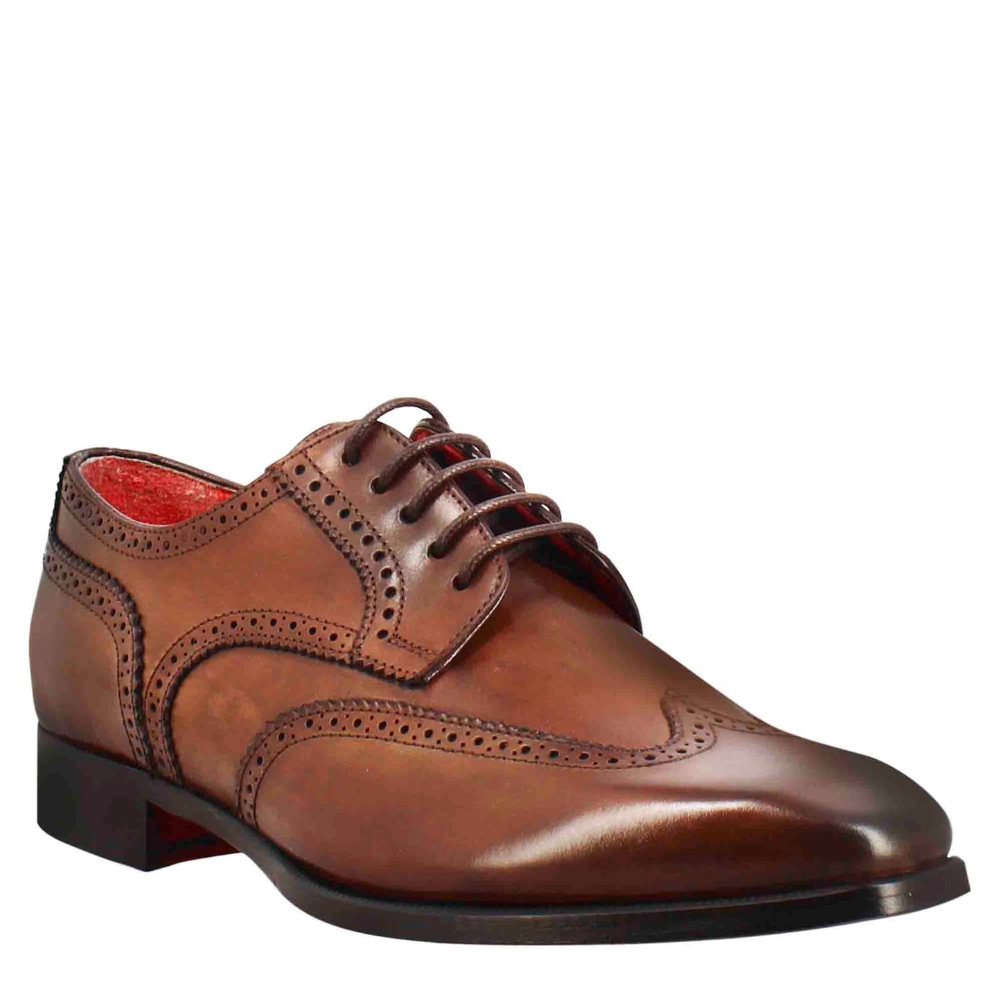 Men's derby in light brown leather with swallowtail and square toe