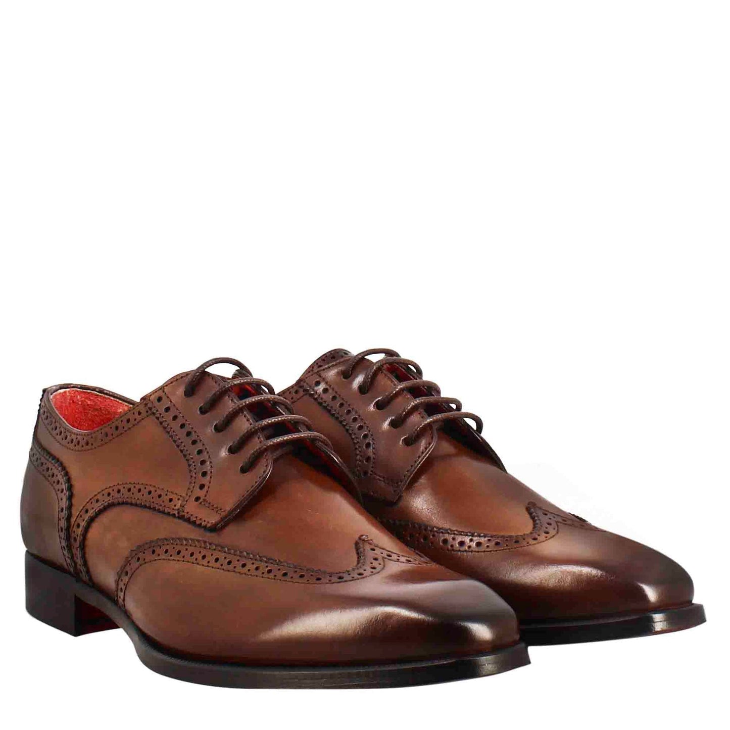 Men's derby in light brown leather with swallowtail and square toe