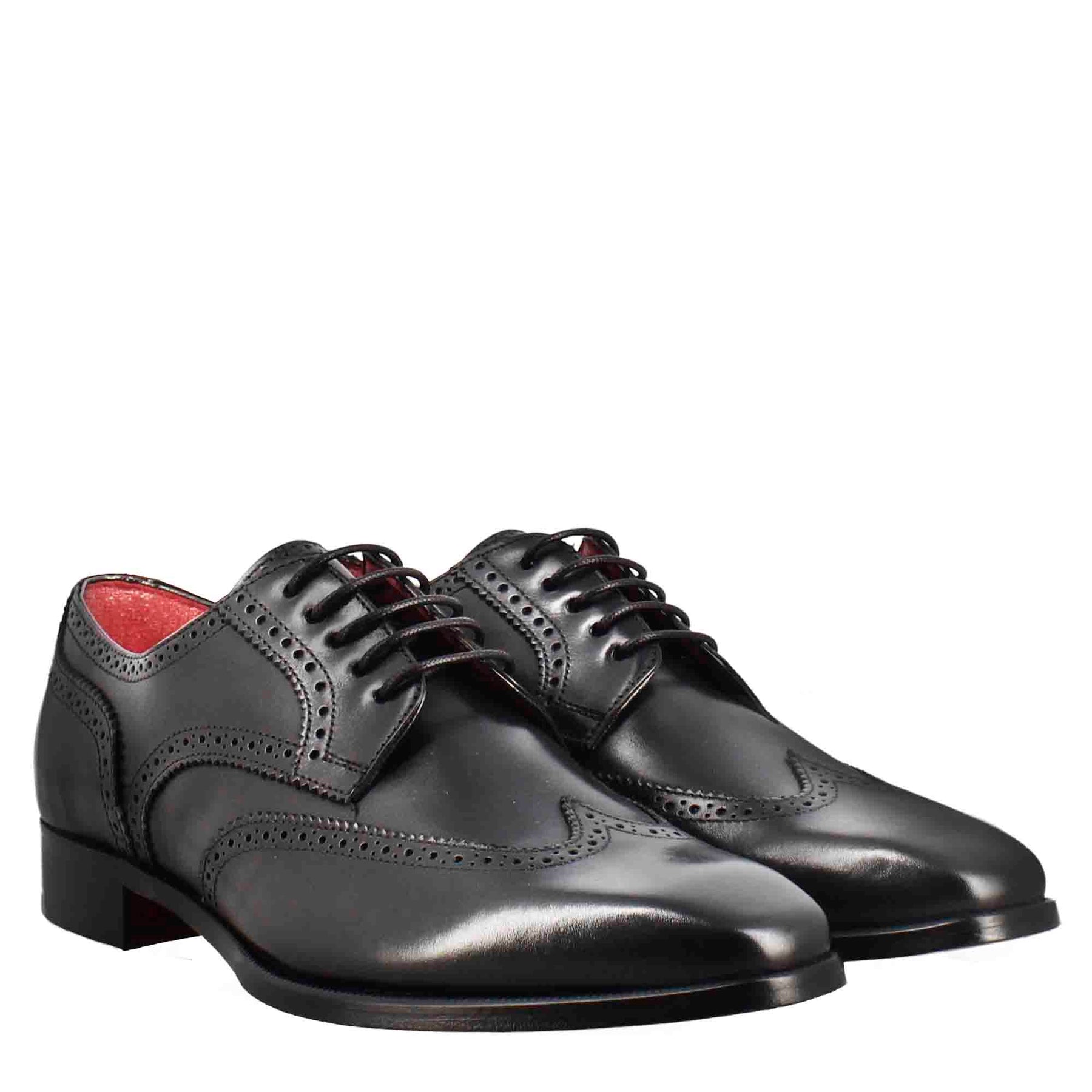 Men's black leather derby with dovetail and square toe