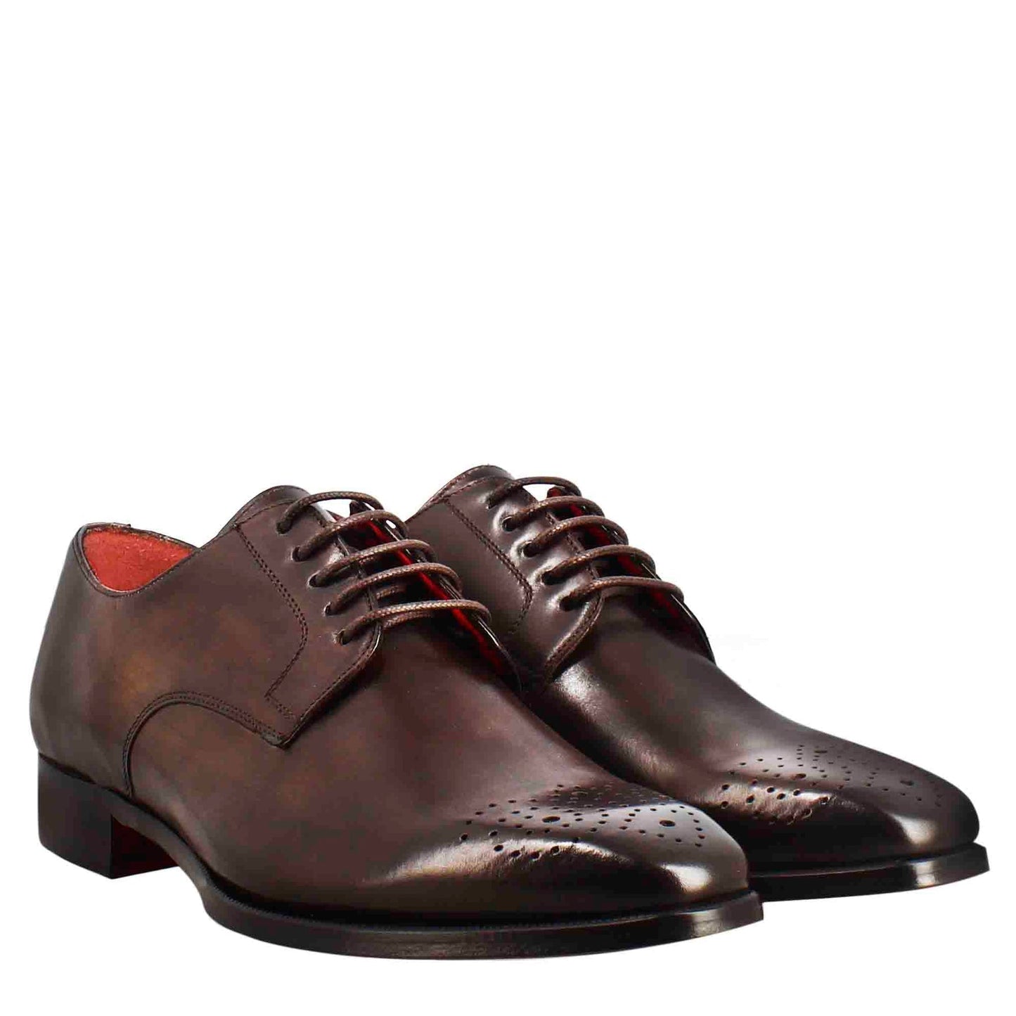 Men's derby in dark brown leather with square toe with design