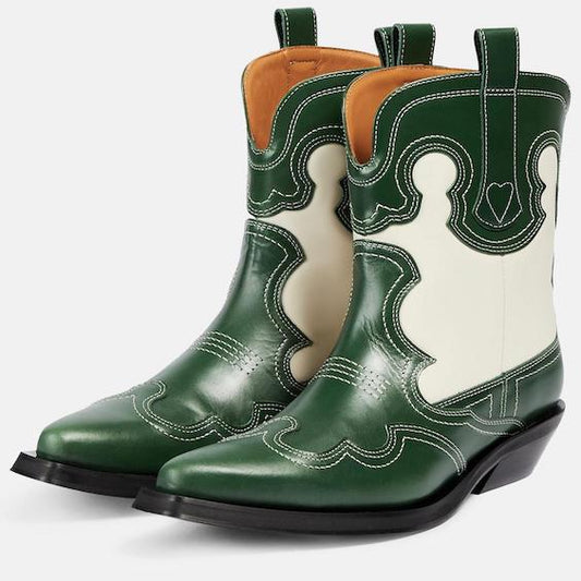 Genuine Green & White Leather Cowboy Horse Riding Boots