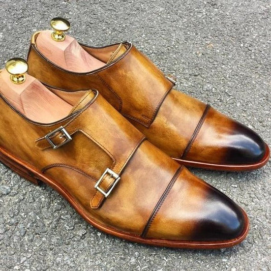 Men's Tan Patina Leather Double Monk Formal Shoes