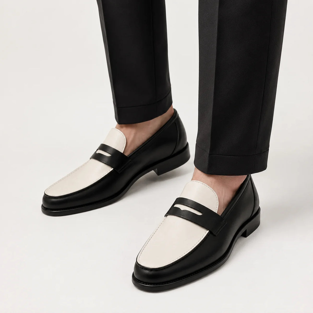 Handmade Men's Black & White Leather Loafers