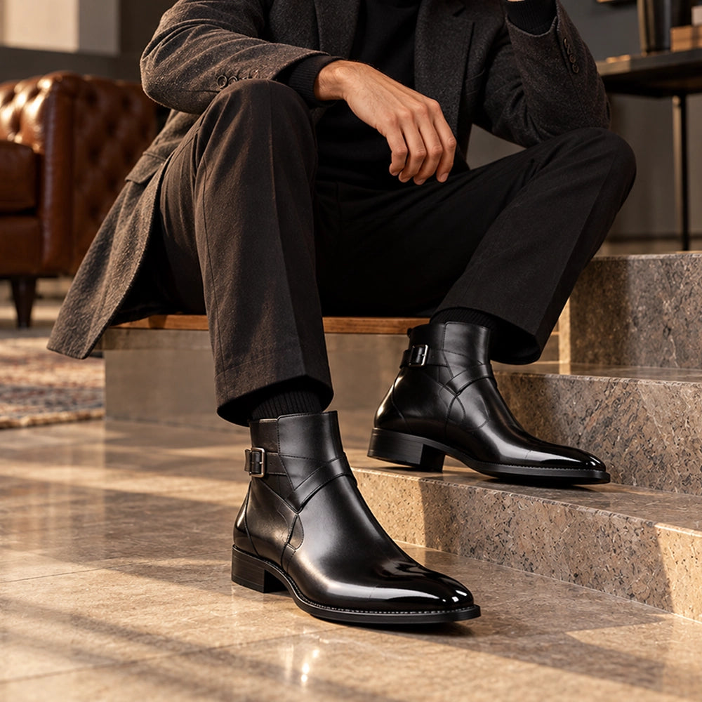 Handmade Men's Black Leather Ankle High Jodhpur Boots in just €194.99