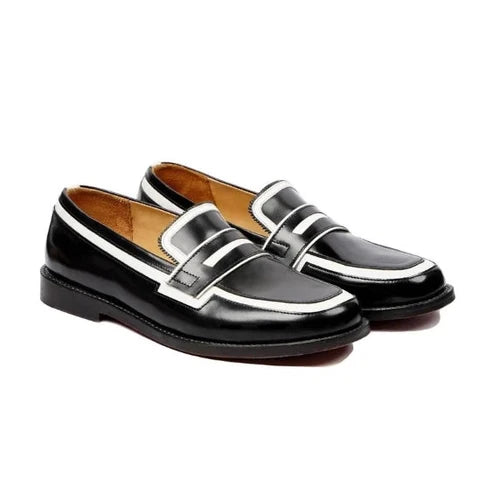 Handgefertigte Pennyloafer aus schwarz-weißem Leder für Herren