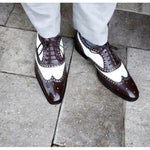 Handmade Men's Brown & White Leather Wingtip Shoes