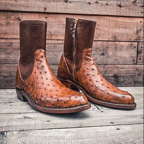 Bottes en cuir d'autruche marron clair faites à la main pour hommes