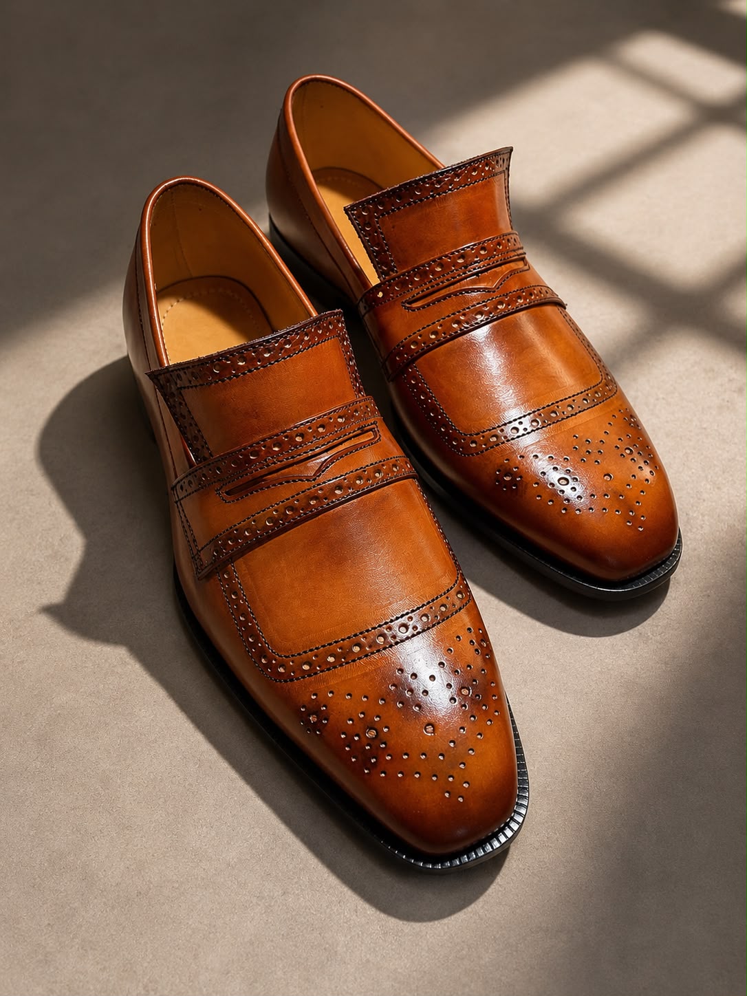 Mocassins Brogue Penny en cuir patiné marron pour hommes