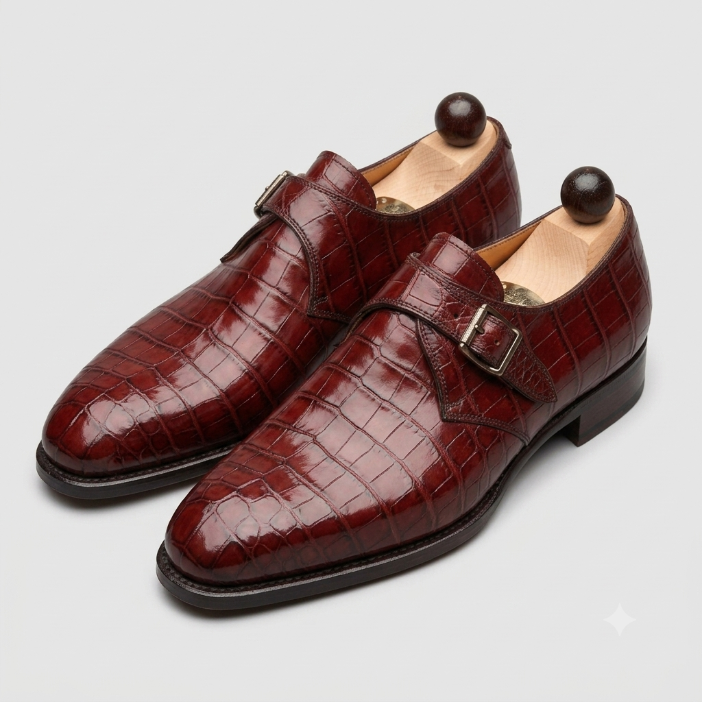 Men's Brown Patina Alligator Leather Monk Buckle Shoes