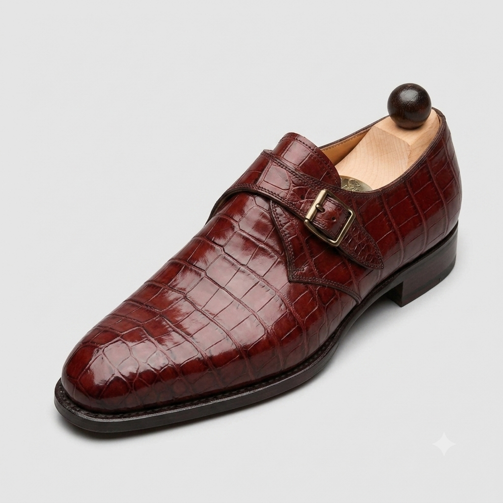 Men's Brown Patina Alligator Leather Monk Buckle Shoes