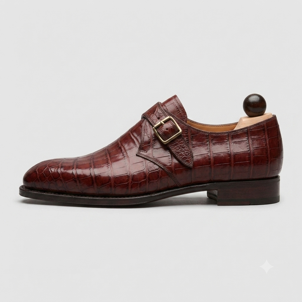 Men's Brown Patina Alligator Leather Monk Buckle Shoes