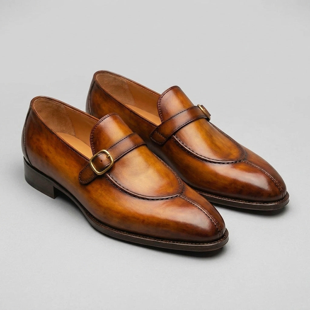 Men's Brown Patina Leather Monk Buckle Loafers