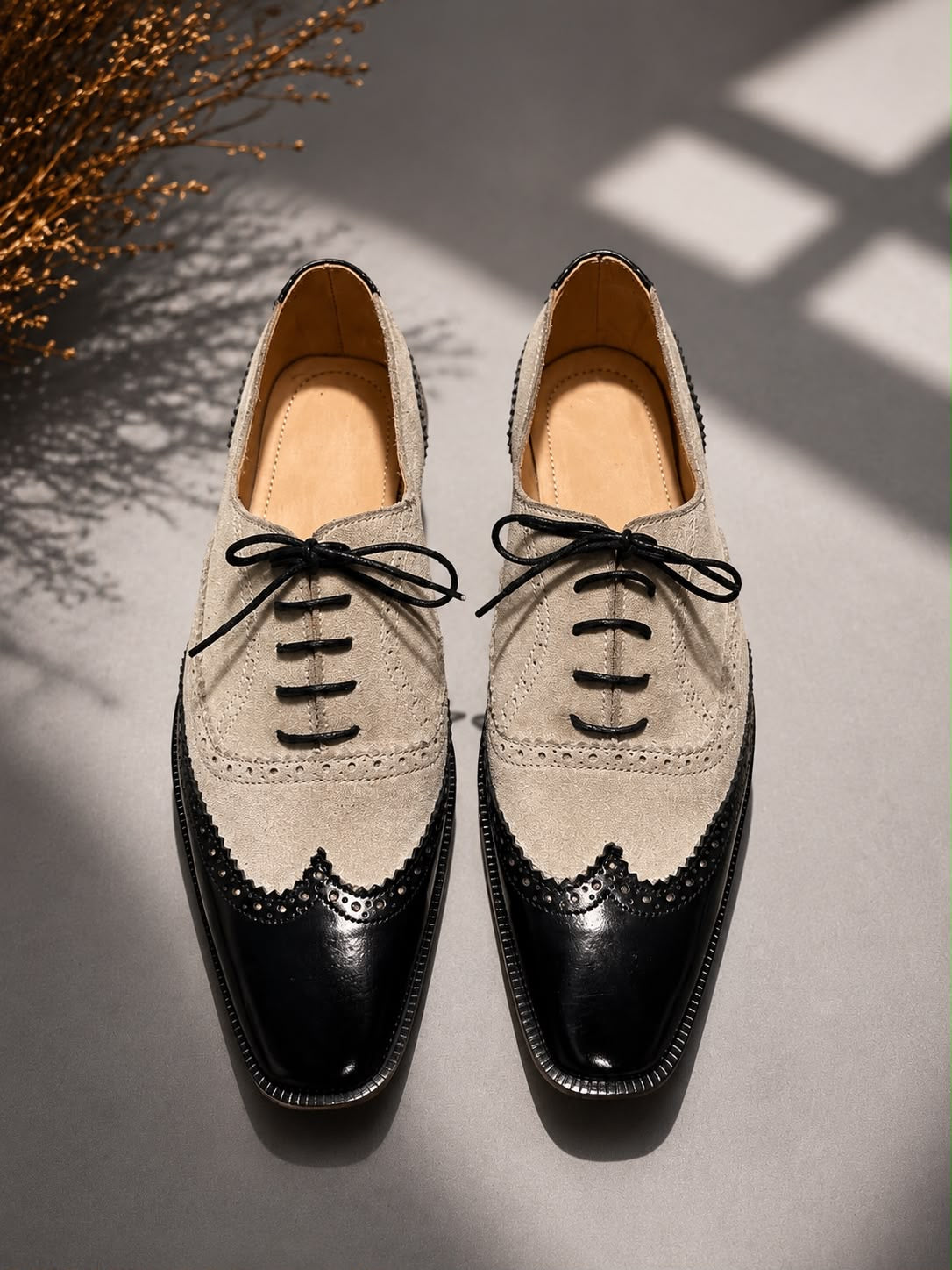 Men's Black & Beige Suede Leather Wingtip Oxford Shoes
