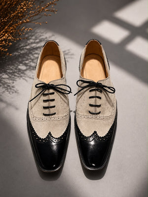 Men's Black & Beige Suede Leather Wingtip Oxford Shoes