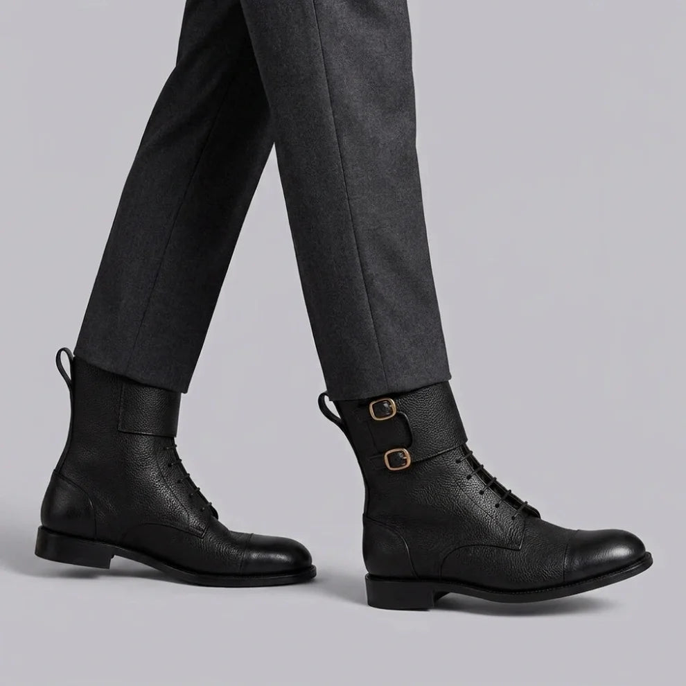 Atlas Black Leather Buckle Lace-Up Boots in just €250.00
