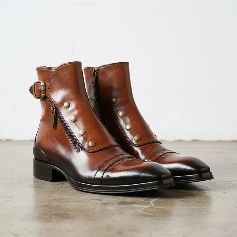 Men's Brown Patina Leather Ankle High Military Boots in just €199.99