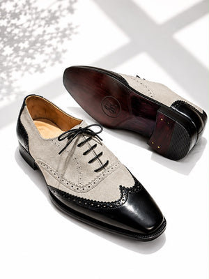 Men's Black & Beige Suede Leather Wingtip Oxford Shoes